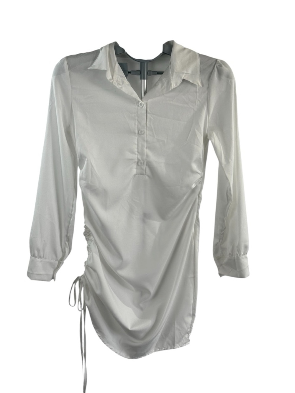 White Satin-Look Ruched Shirt Dress Minimalist Chic Side Tie Button Front Sz S